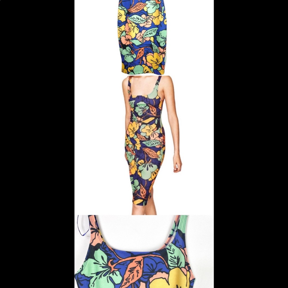 Zara Trafaluc Tropical Floral MIDI Bodycon Dress size S